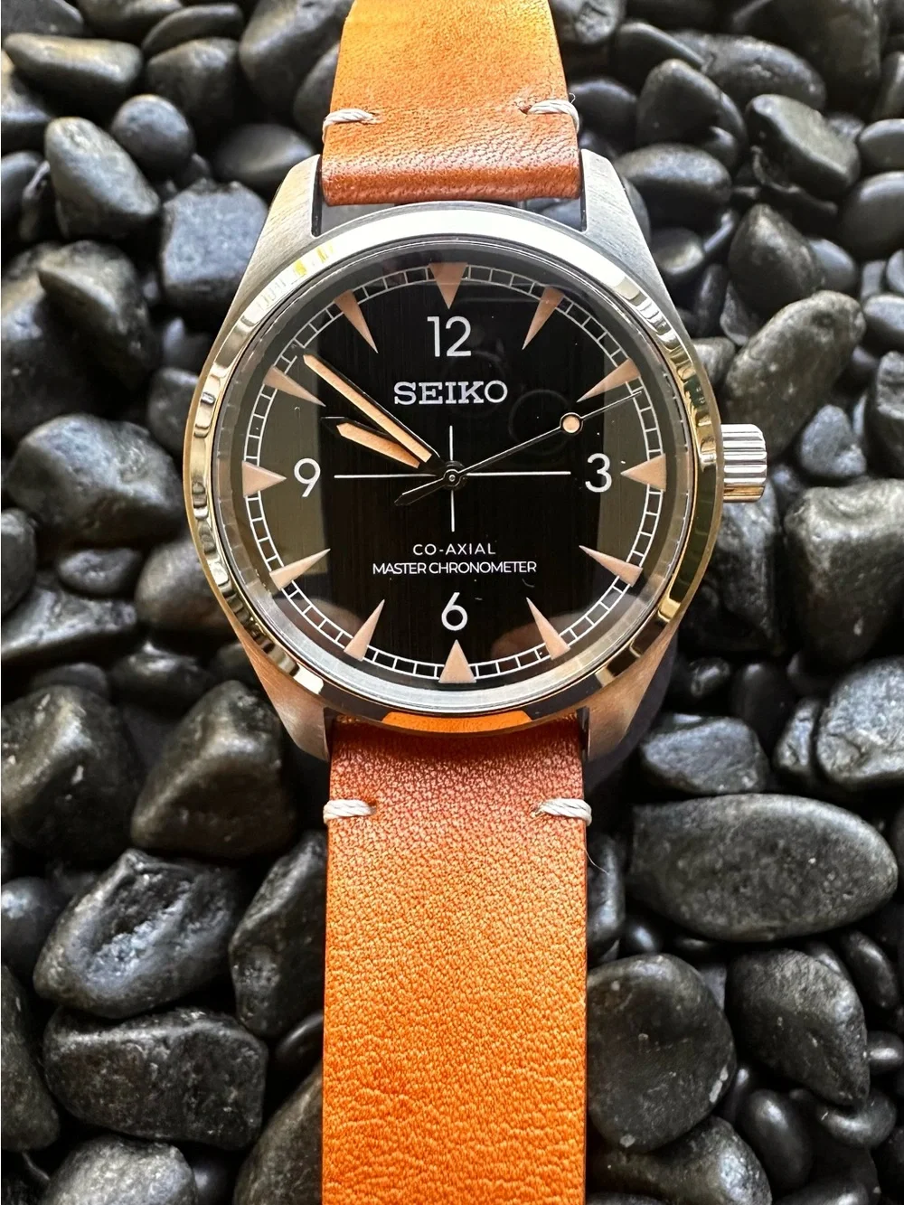 Seiko Mod Black Dial Watch with Tan Leather Strap